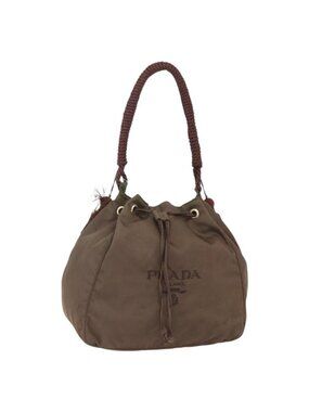 Authentic PRADA Tassel Shoulder Bag Nylon Khaki Gold
